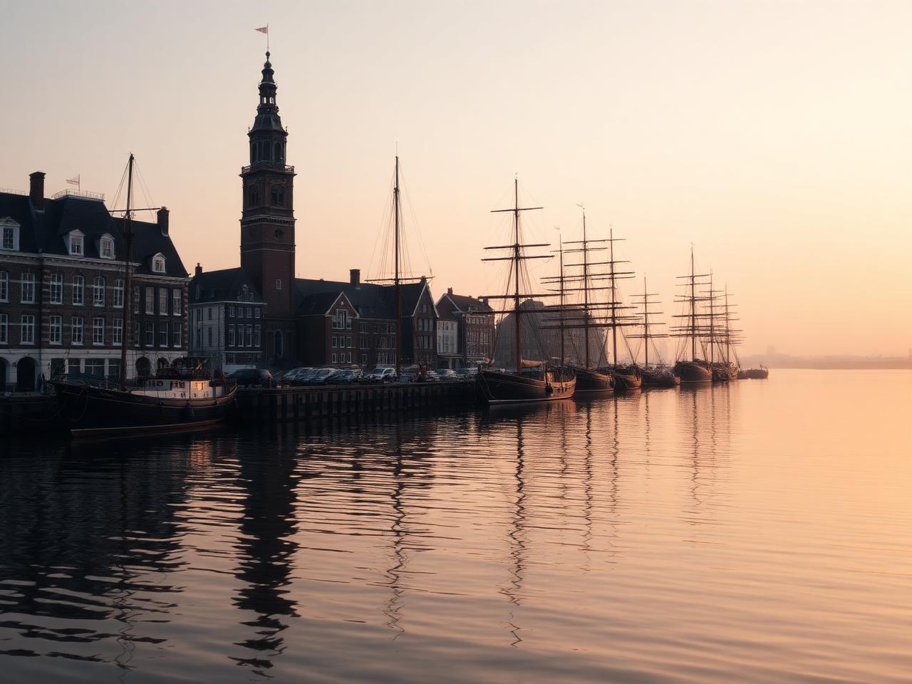 Historische haven van Dordrecht met Grote Kerk en zeilschepen